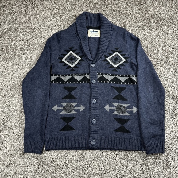 Urban Pipeline Sweater Mens Medium Blue Cardigan Aztec Grandpacore Academia‎ - Picture 1 of 8